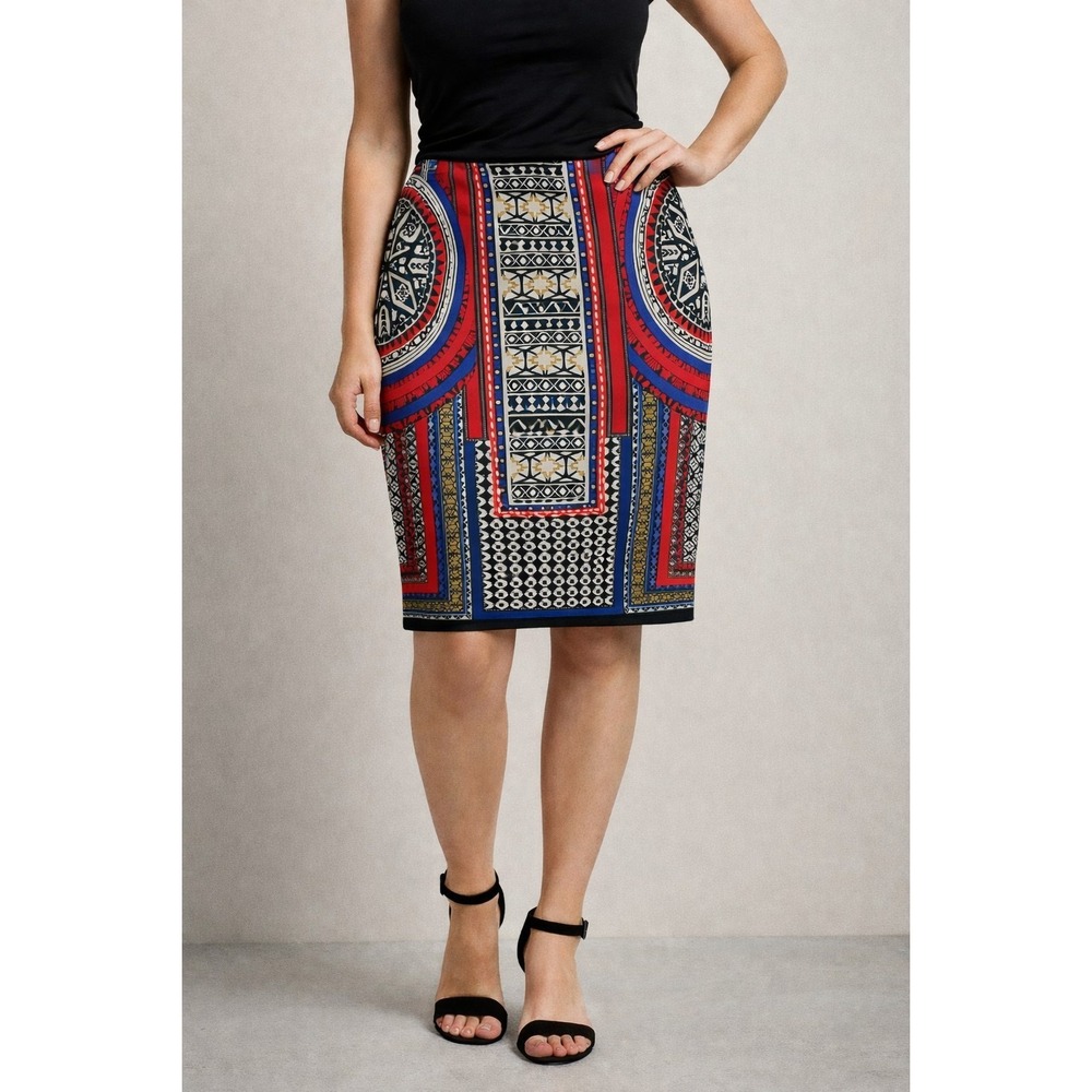 Investments Geometric Pencil Skirt Large Stretch Pull On Career Office Chic Boho
